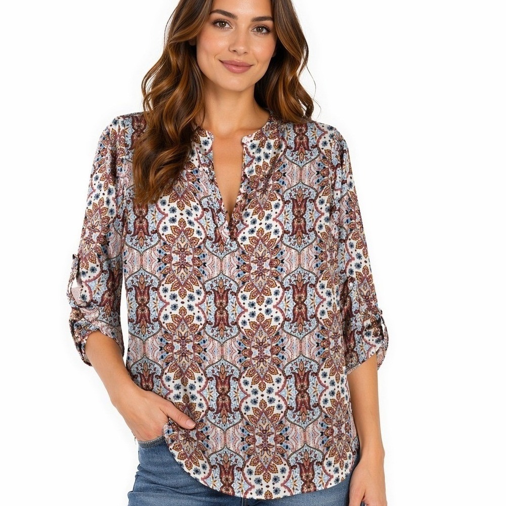 Pink Republic Womens Small Paisley Medallion‎ Roll Tab Sleeve V-Neck Blouse Top